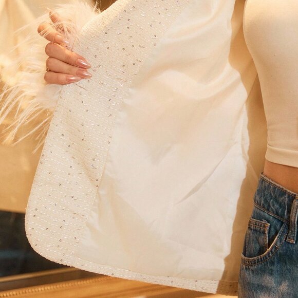 Apricot Elegant Women's Luxe Party Tweed Blazer with Feather Cuffs - Picture 9 of 9